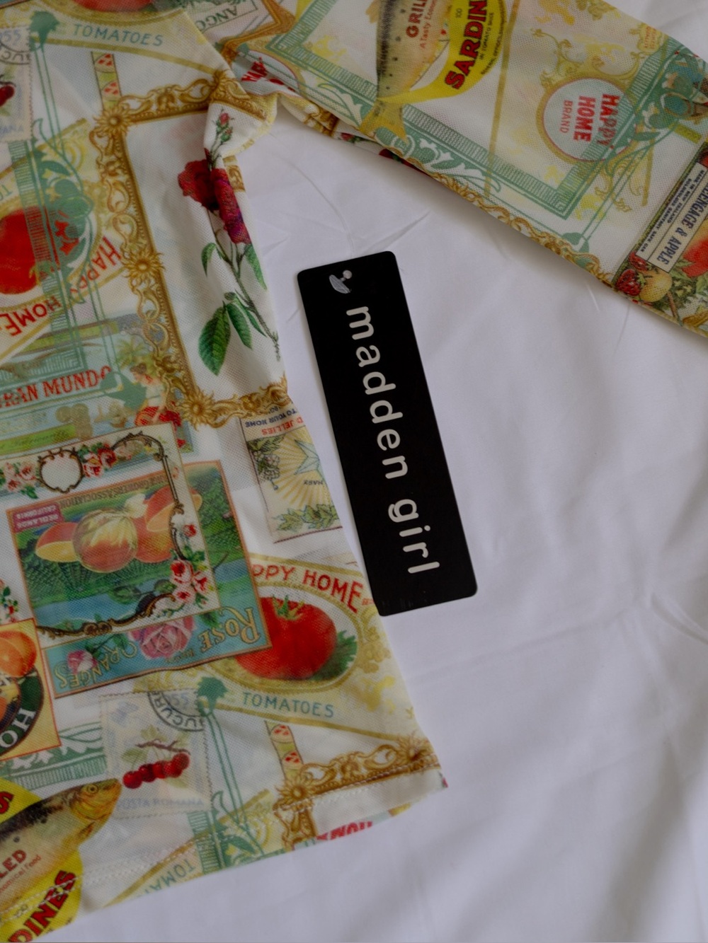 Madden Girl Collage Print Button-Up Shirt - White, Green, Red, Yellow - Picture 6 of 6
